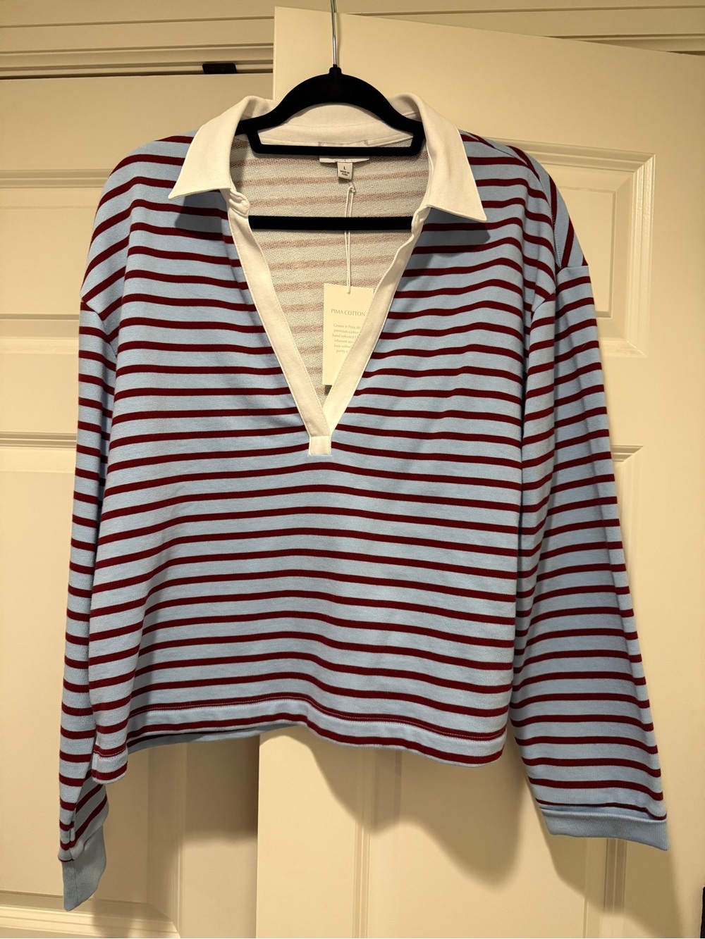Evereve Light Blue and Burgundy Striped Polo Sweatshirt Size L